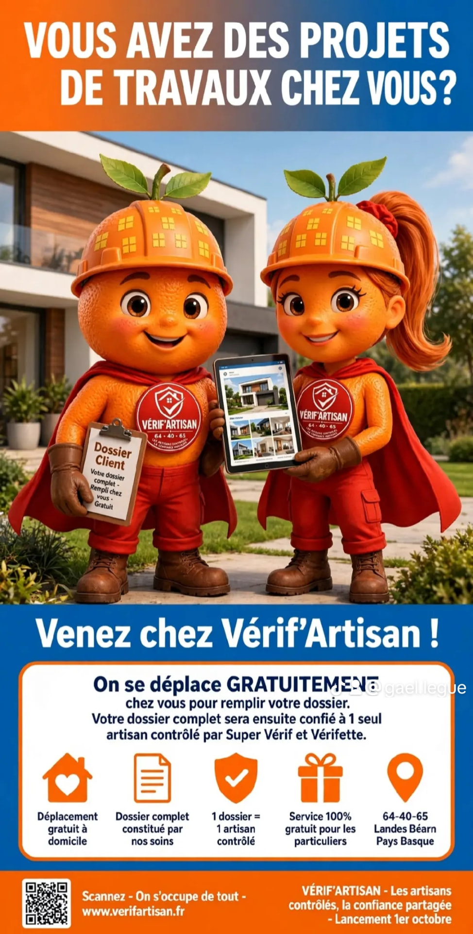 Affiche Vérif'Artisan : Super Vérif et Verifette présentent le dossier client gratuit sur les secteurs 64, 40 et 65